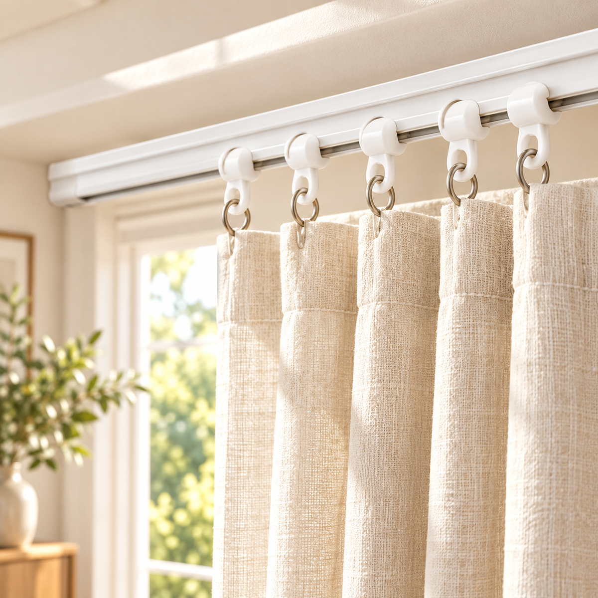 White Rolling Curtain Track Clips with Metal Rings