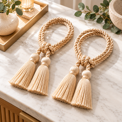 Cream Braided Rope Tassel Curtain Tieback