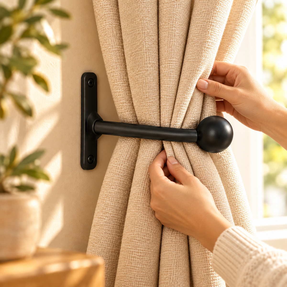 Matte Black Wall-Mounted Metal Curtain Holdback