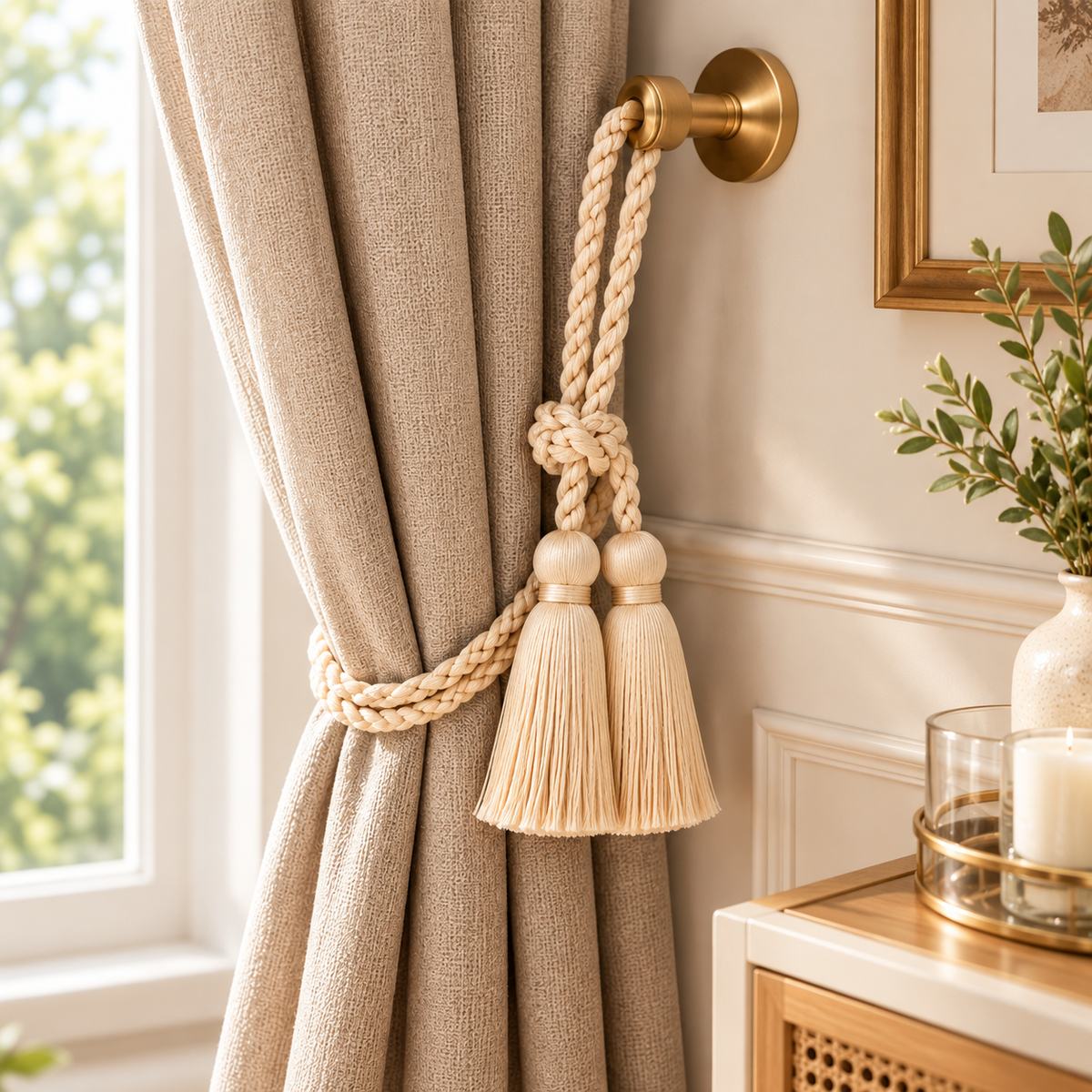 Cream Braided Rope Tassel Curtain Tieback