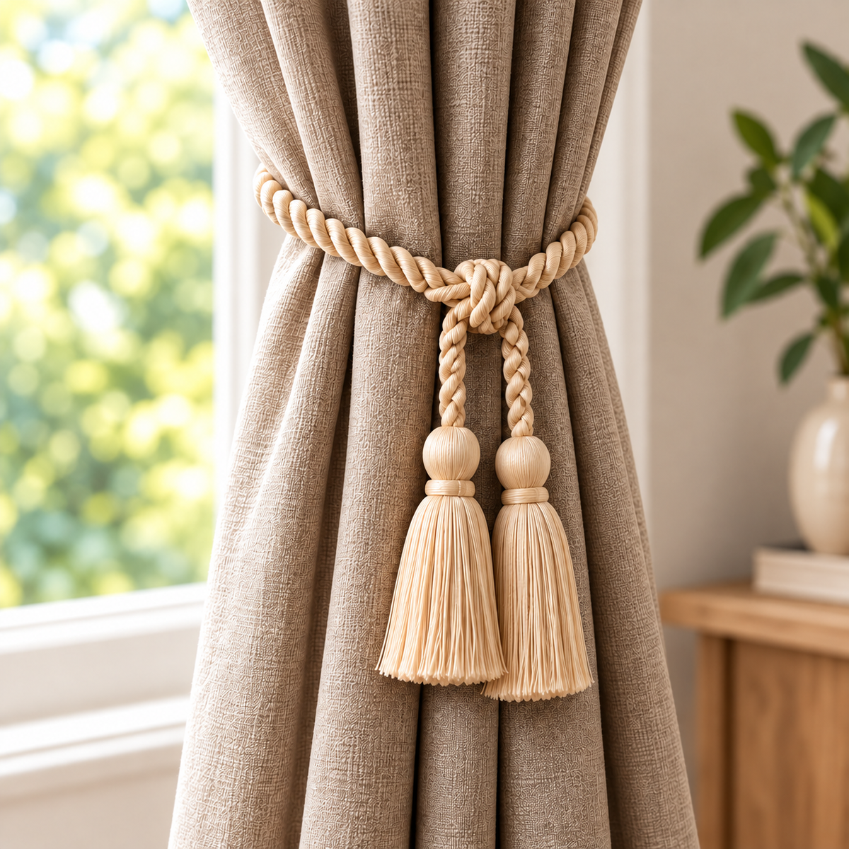 Cream Braided Rope Tassel Curtain Tieback