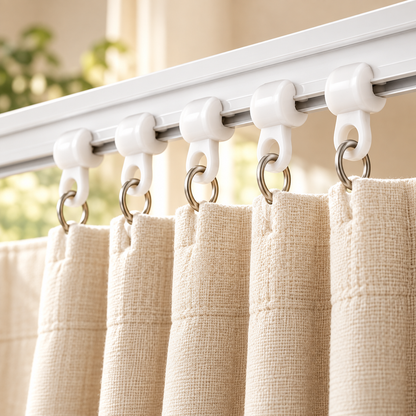 White Rolling Curtain Track Clips with Metal Rings